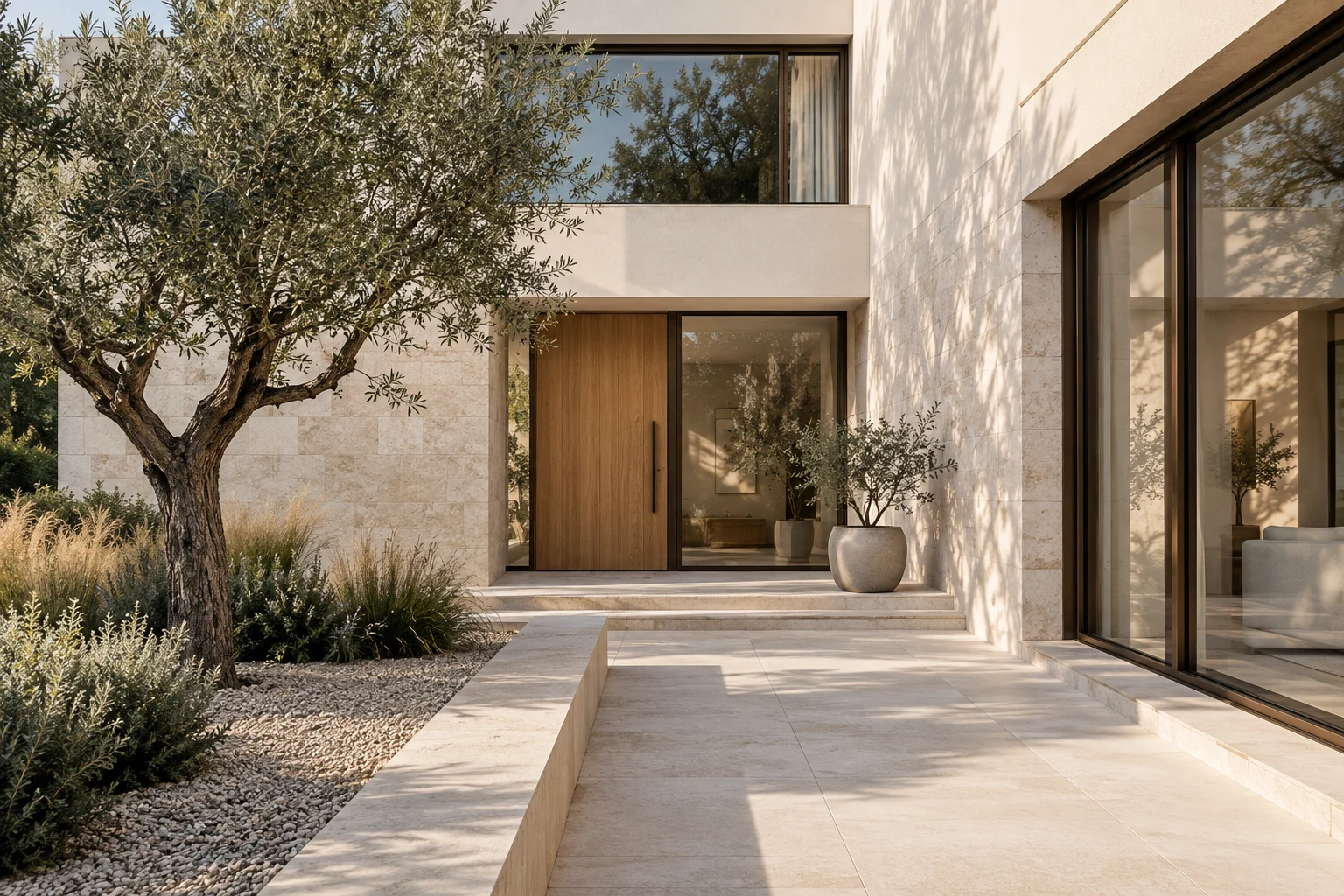 Zeitgenössische Architektur mit hellem Naturstein – KI-generierte Visualisierung