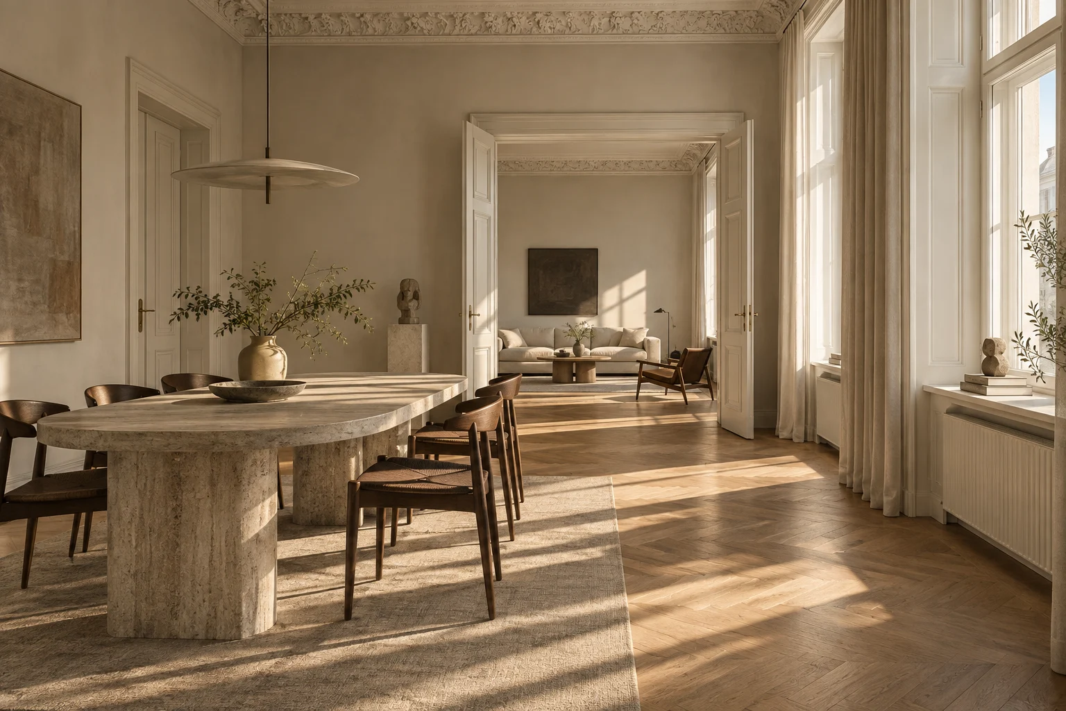 Lichtdurchfluteter Wohnraum mit Naturstein und Eichenholz – KI-generierte Visualisierung